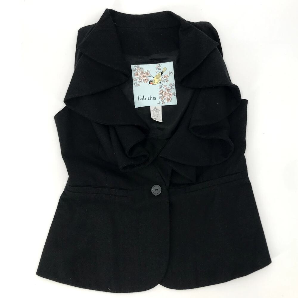 Tabitha Womens Black Vest Size 6 Button Wool Blend Sleeveless Ruffle Collar